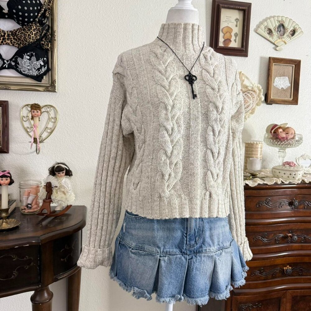 90s preppy girly grunge chunky knit cropped mock neck sweater - Picture 3 of 6